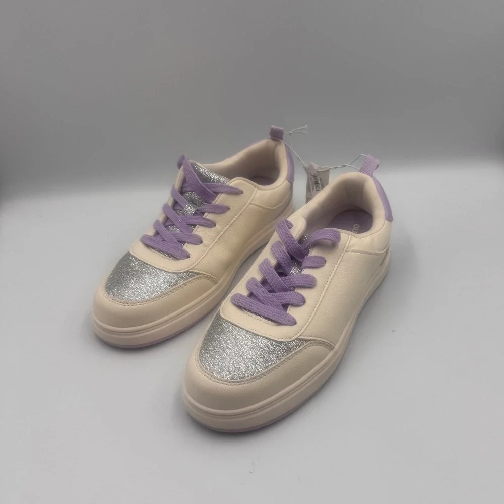 Old Navy Court Sneakers Cream Silver Glitter Purple Laces Low Top Shoes Size 5